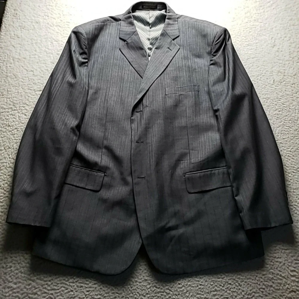 Vinci Suit Jacket Blazer Mens 52R Gray Pinstripe Polyester Rayon 3 Button Lined